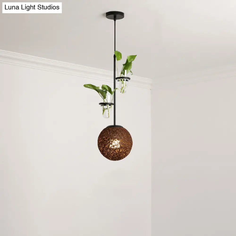 Macaron 1-Head Rattan Hanging Ceiling Light In Beige/Red/Pink With Plant Pot - Kitchen Pendant