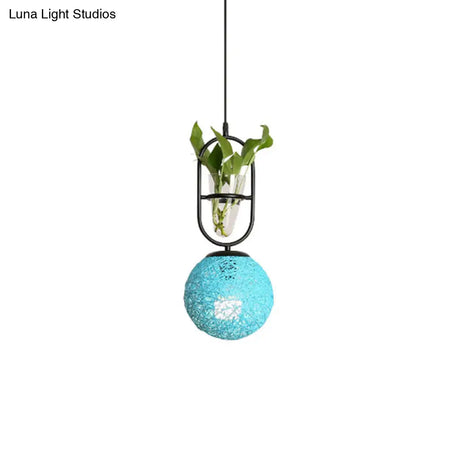 Macaron Rattan Globe Pendant Light With Plant Pot - Beige/Red/Pink