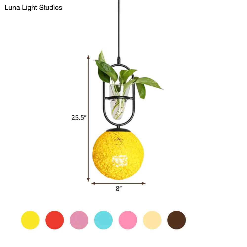 Macaron Rattan Globe Pendant Light With Plant Pot - Beige/Red/Pink
