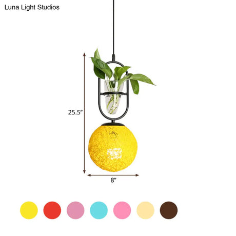 Macaron Rattan Globe Pendant Light With Plant Pot - Beige/Red/Pink