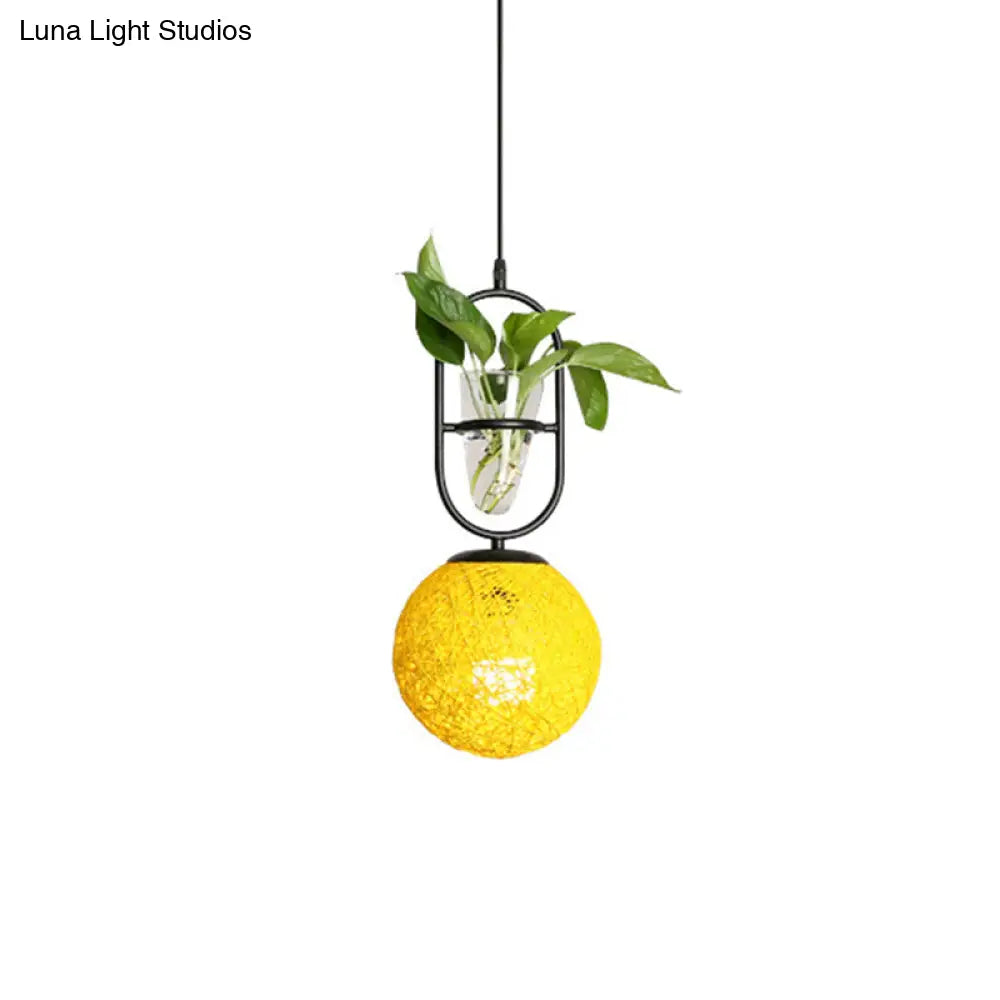 Macaron Rattan Globe Pendant Light With Plant Pot - Beige/Red/Pink