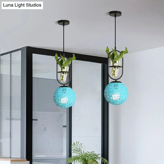 Macaron 1-Head Rattan Hanging Ceiling Light In Beige/Red/Pink With Plant Pot - Kitchen Pendant Blue