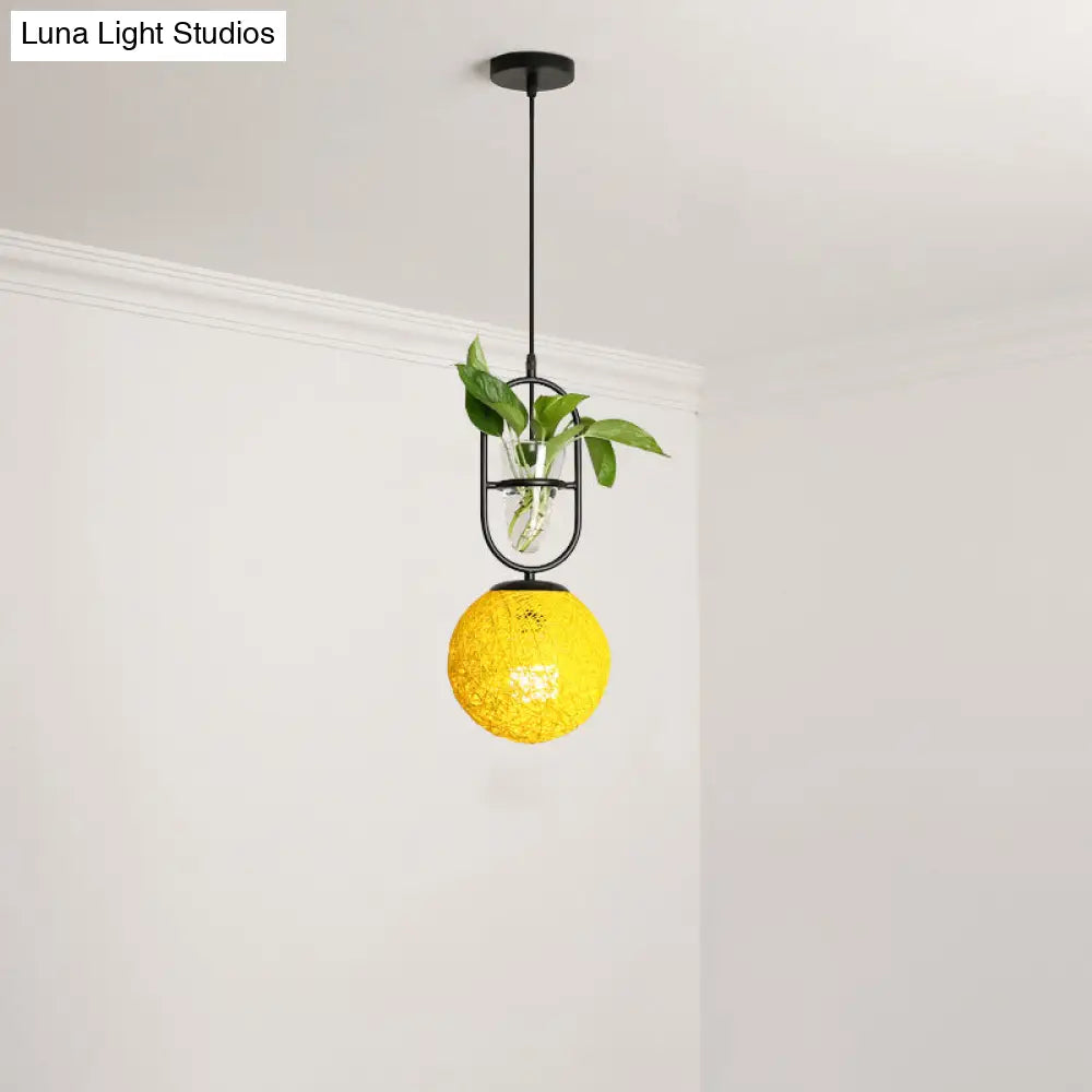 Macaron 1-Head Rattan Hanging Ceiling Light In Beige/Red/Pink With Plant Pot - Kitchen Pendant