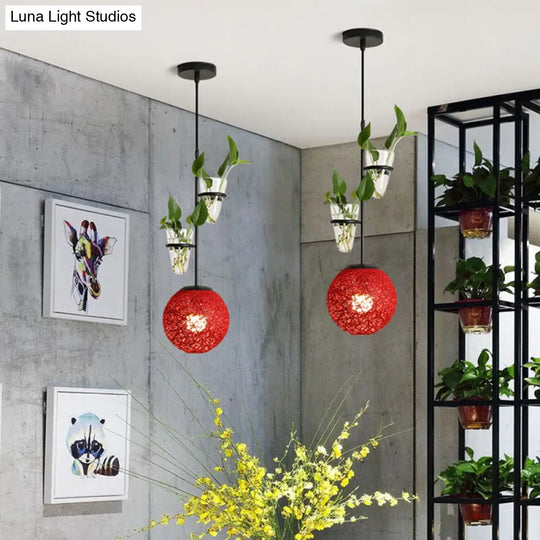 Macaron 1-Head Rattan Hanging Ceiling Light In Beige/Red/Pink With Plant Pot - Kitchen Pendant Red