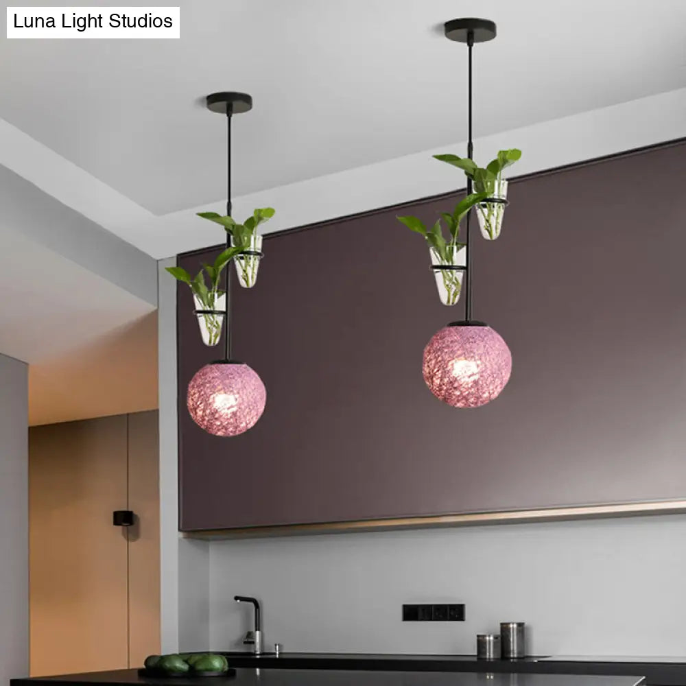 Macaron Rattan Globe Pendant Light With Plant Pot - Beige/Red/Pink Purple