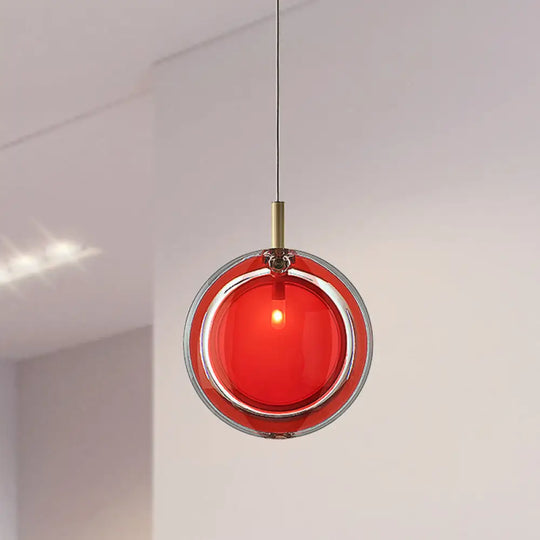 Macaron Red Glass Hanging Lamp: Sleek Round Pendant For Bedroom Includes 1 Light - Easy Installation