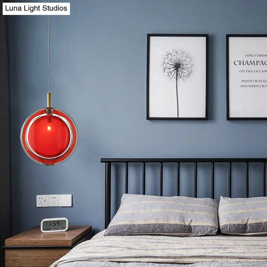 Macaron Red Glass Hanging Lamp: Sleek Round Pendant For Bedroom Includes 1 Light - Easy Installation