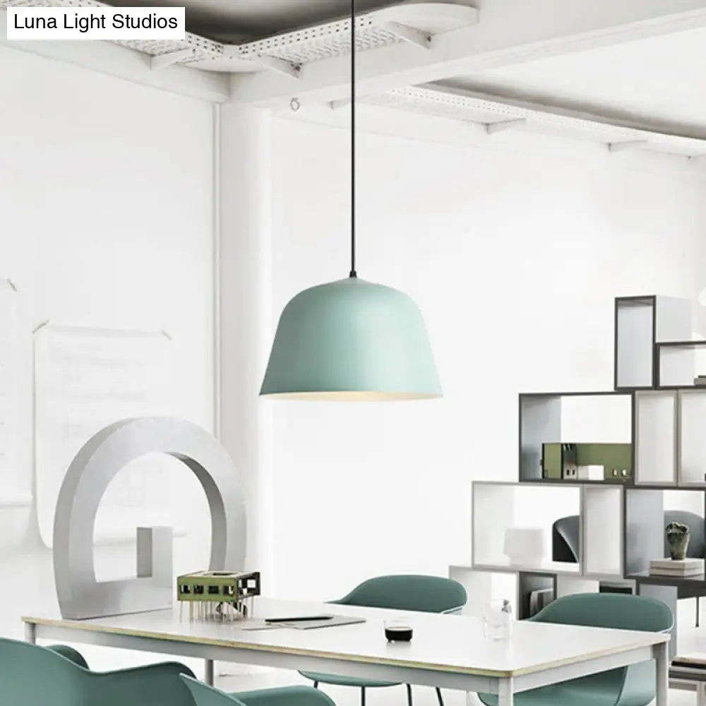 Macaron Single-Bulb Pendant Light With Pink/Grey/Green Bowl Shade Iron Finish | 10/12.5 Width