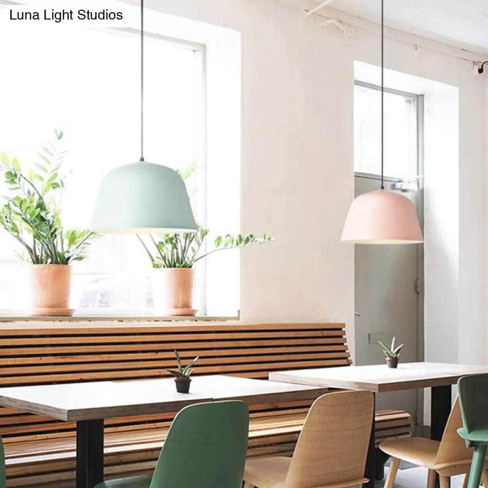 Macaron Single-Bulb Pendant Light With Pink/Grey/Green Bowl Shade Iron Finish | 10/12.5 Width