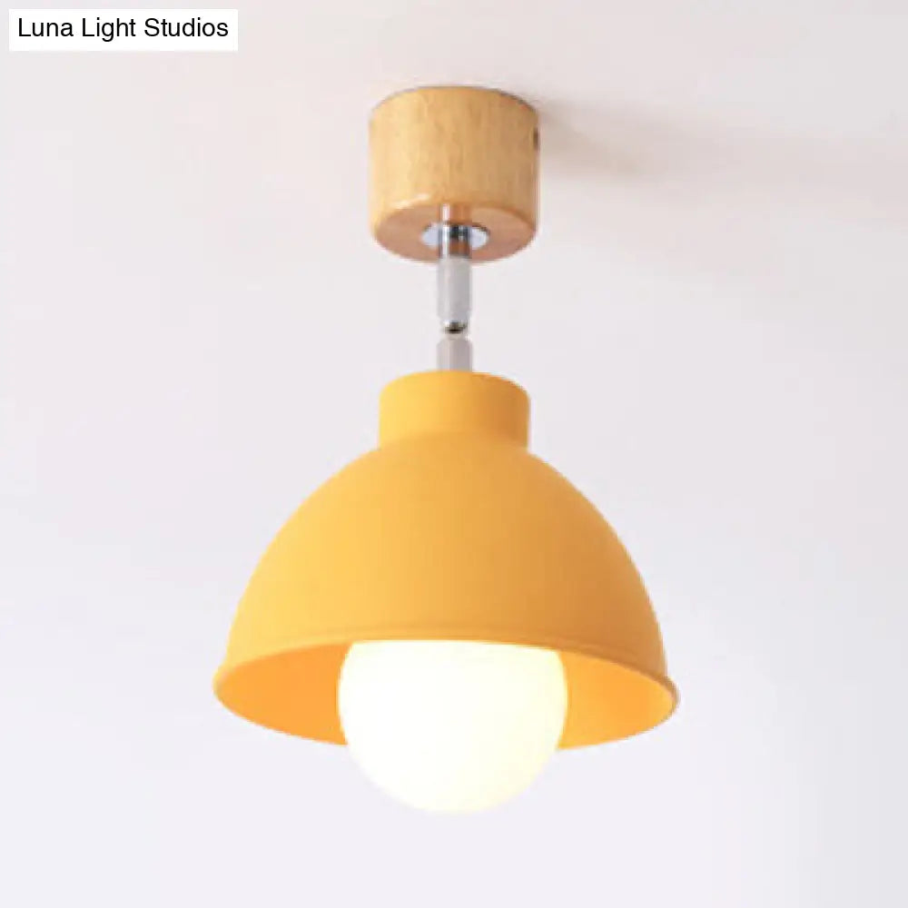 Macaron Style Dome Ceiling Light - Metal Rotatable Semi Flush Grey/White For Bedroom Yellow