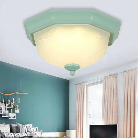 Macaron Style Flush Ceiling Light With Ridge Glass Dome Shape - Ideal For Balcony Green / 12.5’