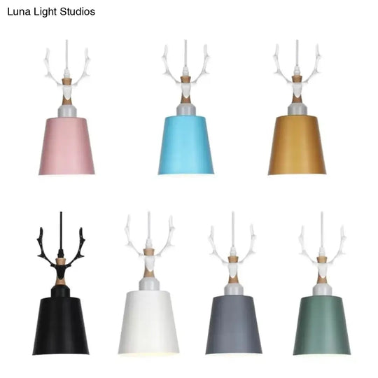 Macaron Style Hanging Light With Antlers - Metal Pendant For Balcony And Foyer