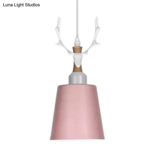 Macaron Style Hanging Light With Antlers - Metal Pendant For Balcony And Foyer