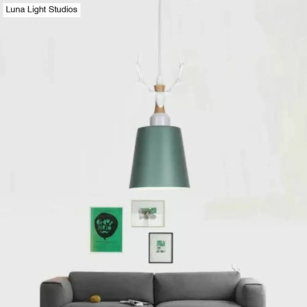 Macaron Style Hanging Light With Antlers - Metal Pendant For Balcony And Foyer