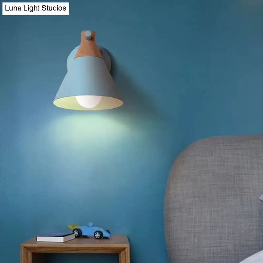Macaron Style Wall Light With Conical Shade - 1 Head Metal Lamp For Kitchen & Corridor Blue