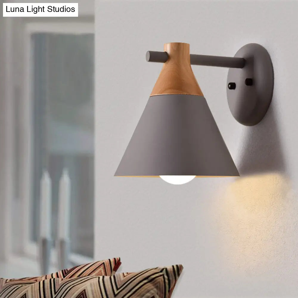 Macaron Style Wall Light With Conical Shade - 1 Head Metal Lamp For Kitchen & Corridor Grey