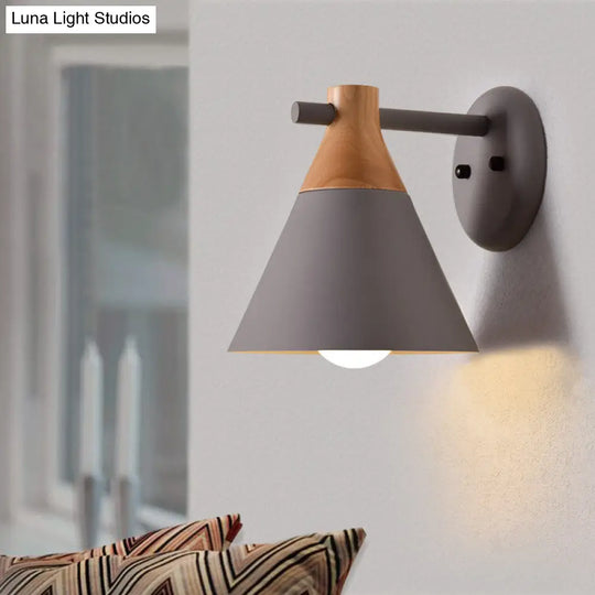 Macaron Style Wall Light With Conical Shade - 1 Head Metal Lamp For Kitchen & Corridor Grey