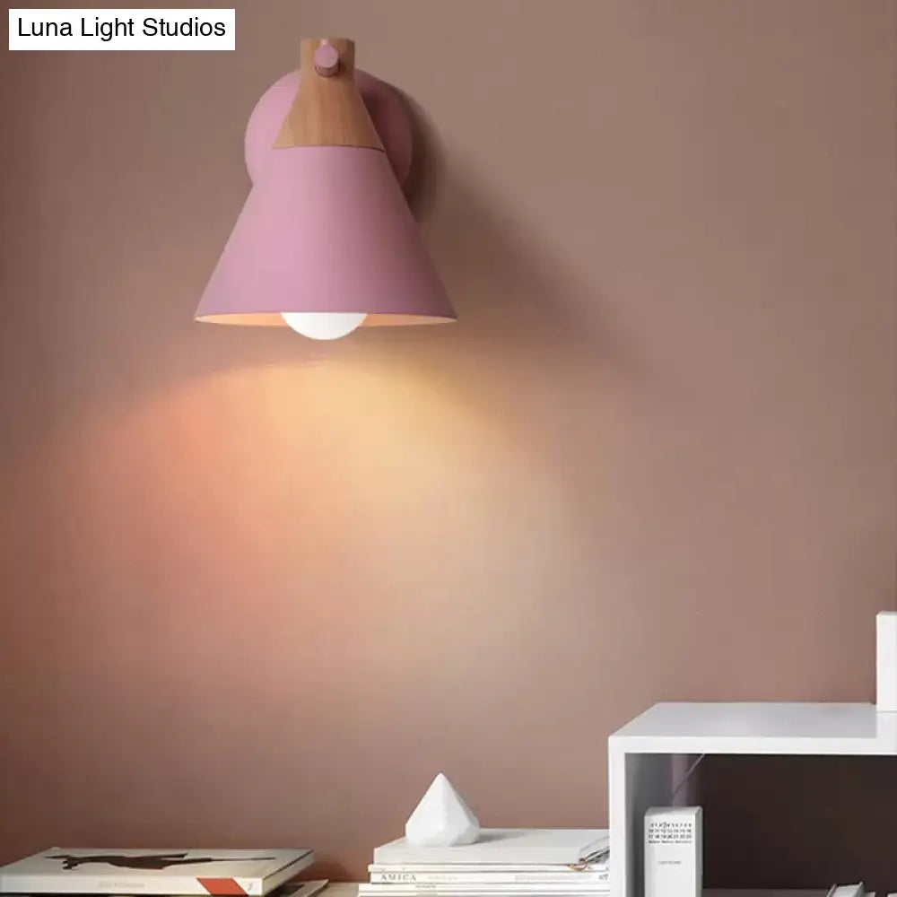 Macaron Style Wall Light With Conical Shade - 1 Head Metal Lamp For Kitchen & Corridor Pink