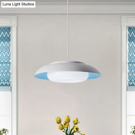 Macaron Wide Bowl Pendant Light - Black/Blue Iron Suspension Lamp With Inner Round Shade For Dining