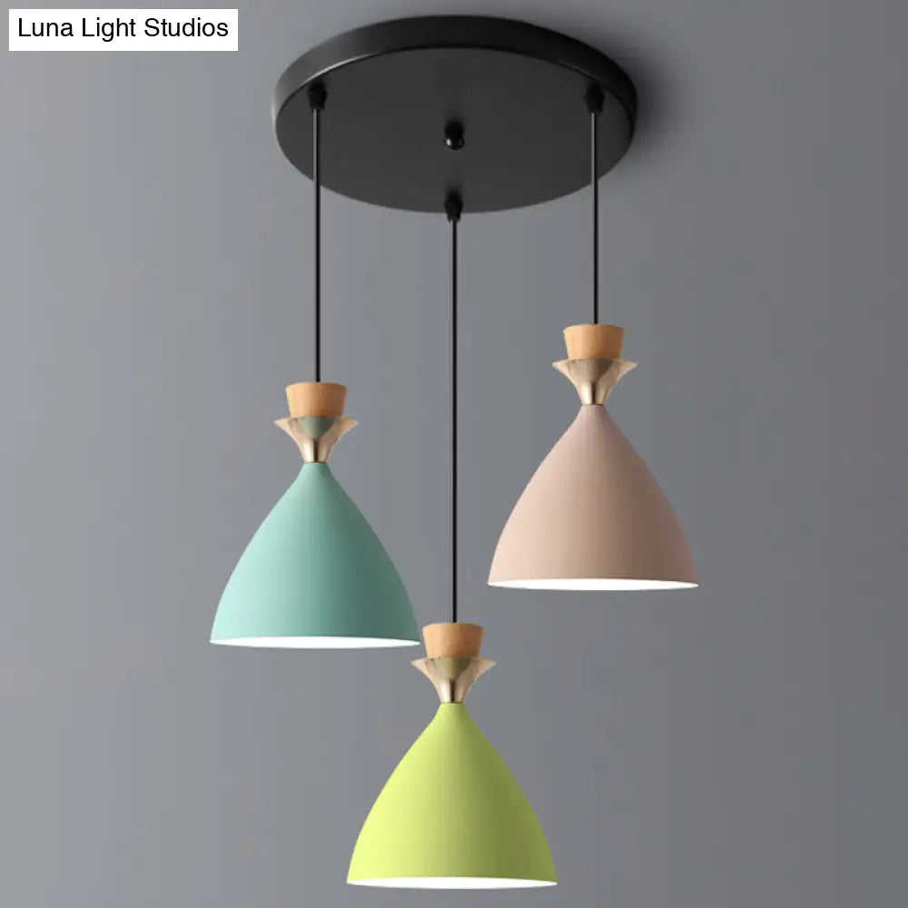 Colorful Macaroon Pendant Light With Adjustable Wire - Green Pink And Yellow 3-Light Cluster Cone
