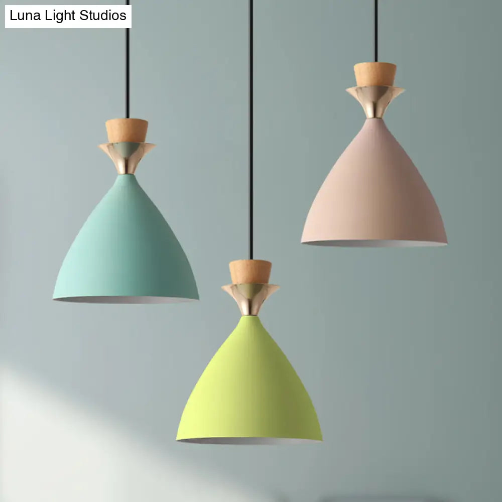 Macaroon 3-Light Cluster Pendant: Vibrant Green Pink And Yellow Cone Metal Shade Hanging Light With