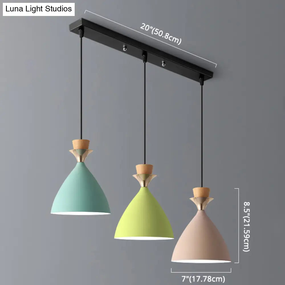 Macaroon 3-Light Cluster Pendant: Vibrant Green Pink And Yellow Cone Metal Shade Hanging Light With