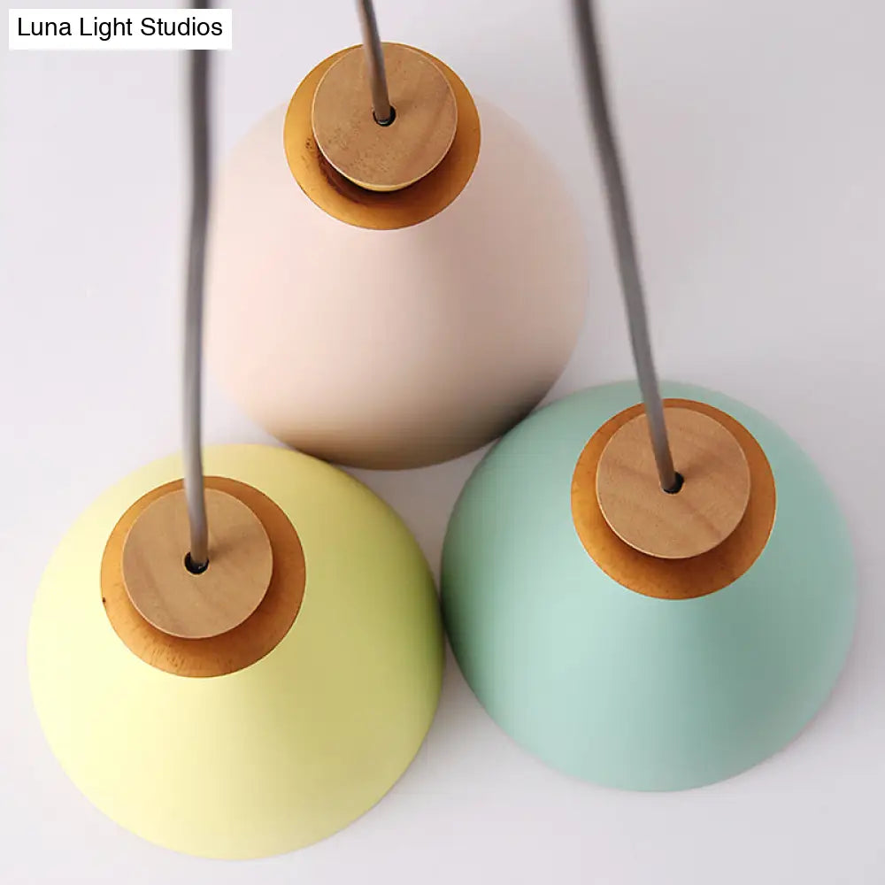 Macaroon 3-Light Cluster Pendant: Vibrant Green Pink And Yellow Cone Metal Shade Hanging Light With