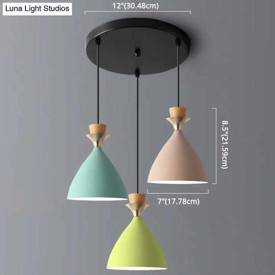 Colorful Macaroon Pendant Light With Adjustable Wire - Green Pink And Yellow 3-Light Cluster Cone