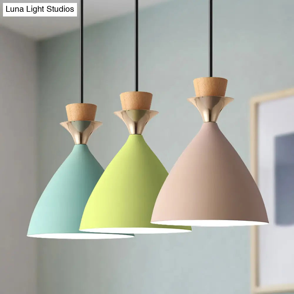 Macaroon 3-Light Cluster Pendant: Vibrant Green Pink And Yellow Cone Metal Shade Hanging Light With