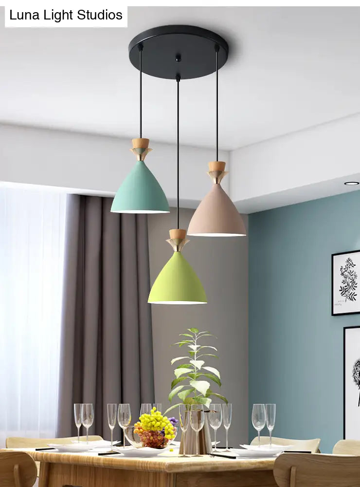 Colorful Macaroon Pendant Light With Adjustable Wire - Green Pink And Yellow 3-Light Cluster Cone