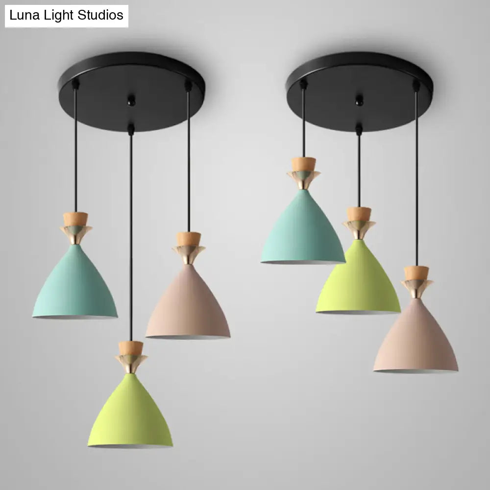 Macaroon 3-Light Cluster Pendant: Vibrant Green Pink And Yellow Cone Metal Shade Hanging Light With