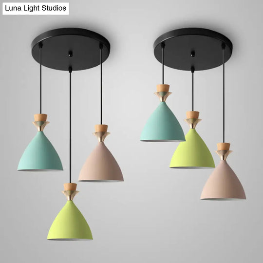 Macaroon 3-Light Cluster Pendant: Vibrant Green Pink And Yellow Cone Metal Shade Hanging Light With