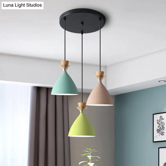 Colorful Macaroon Pendant Light With Adjustable Wire - Green Pink And Yellow 3-Light Cluster Cone