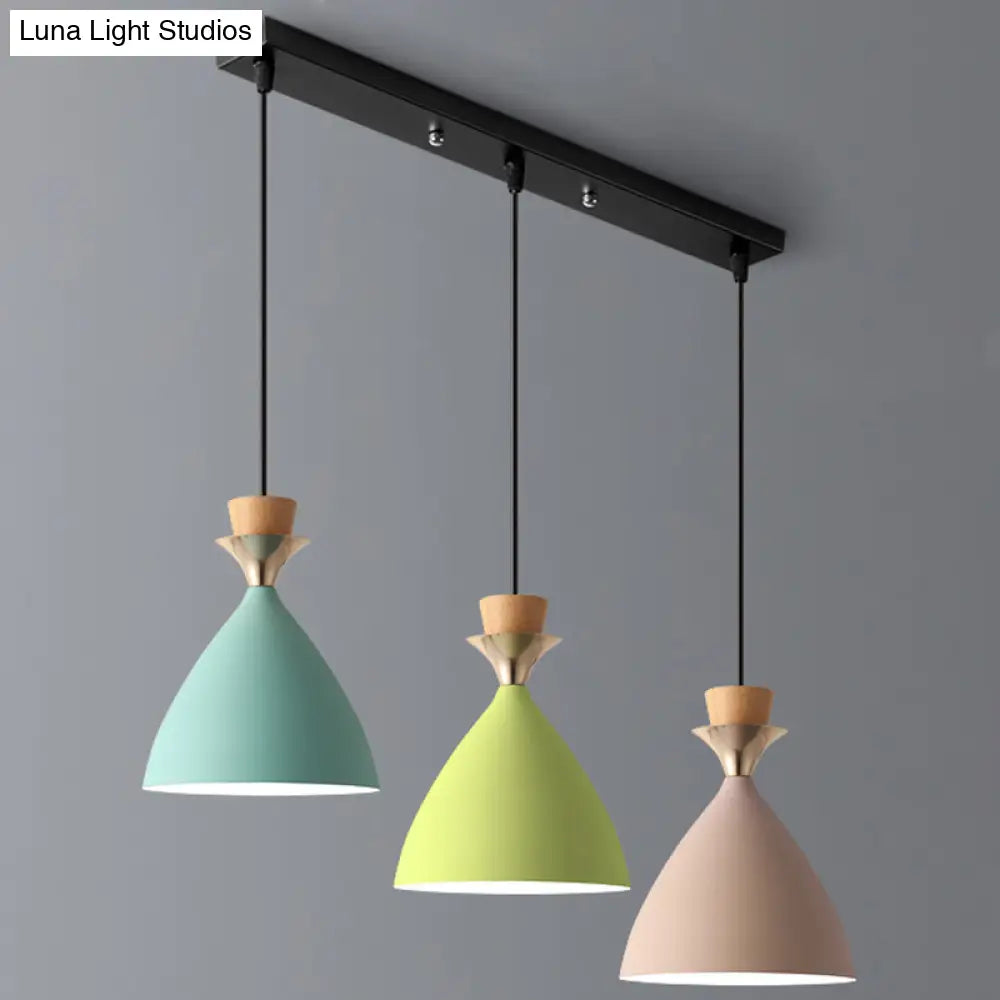 Macaroon 3-Light Cluster Pendant: Vibrant Green Pink And Yellow Cone Metal Shade Hanging Light With
