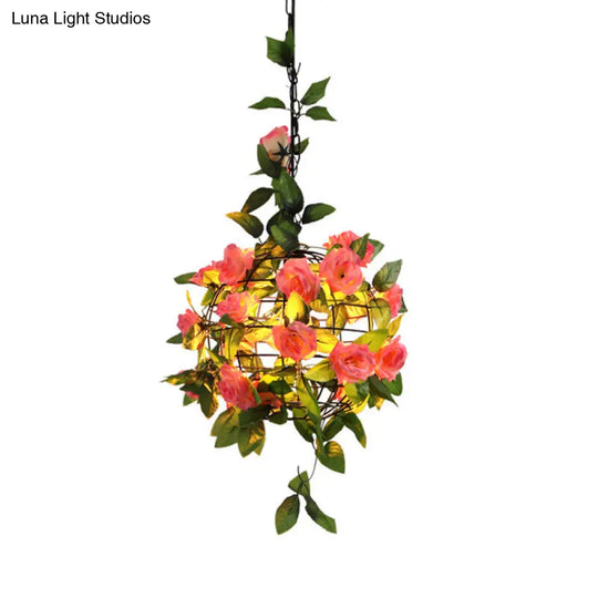 Industrial Maple Leaf/Rose/Plant Metal Pendant Light - Led Hanging Lamp Kit In Pink/Orange/Green