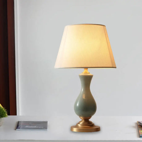 Maria - White Fabric Reading Lamp Tapered Single Light Antiqued Night With Green Gourd Decor