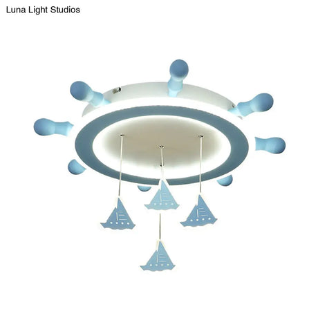Marine Steering Wheel Flush Light: Kid’s Room Ceiling Mount Fixture With Sailing Boat Design -
