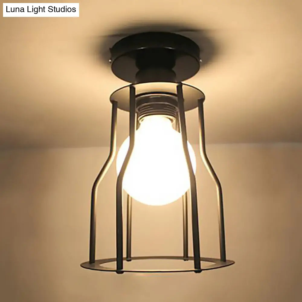 Matte Black Ceiling Wire Guard Mini Pendant Light - Farmhouse Style 1-Light Semi Flush Iron