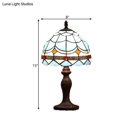 Mediterranean 1-Light Stained Glass Table Lamp With Wave-Pattern Dark Brown Nightstand Light