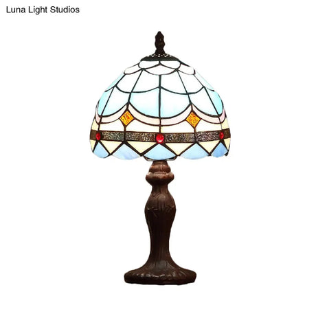Mediterranean 1-Light Stained Glass Table Lamp With Wave-Pattern Dark Brown Nightstand Light