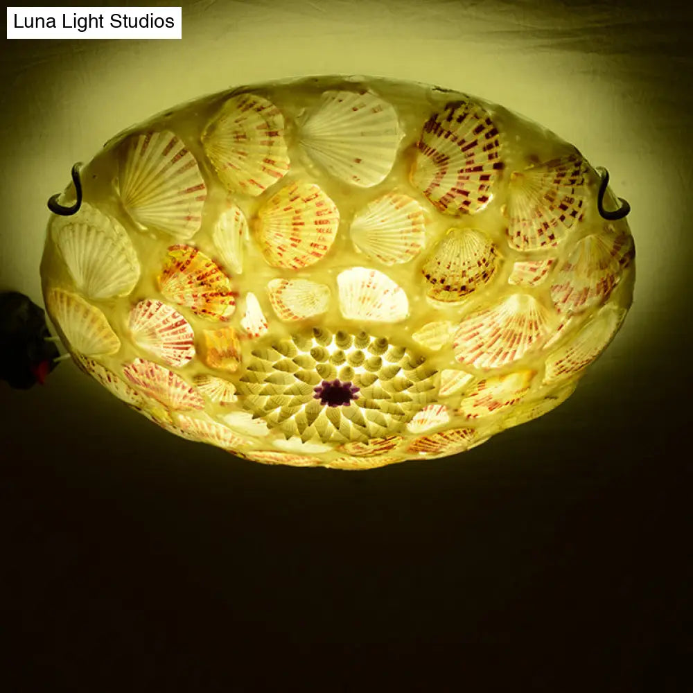 Mediterranean Beige Shell Ceiling Light - Natural Flush Mount Fixture For Bedroom