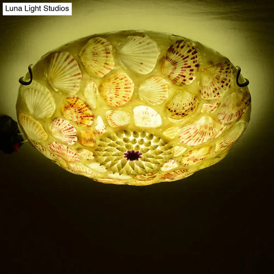 Mediterranean Beige Shell Ceiling Light - Natural Flush Mount Fixture For Bedroom