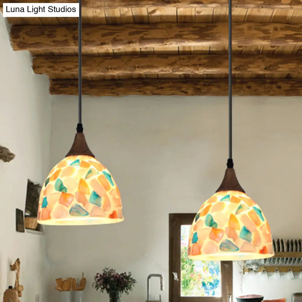 Mediterranean Beige Shell Bell Hanging Lamp With Mosaic Effect - Kitchen Pendant Lighting