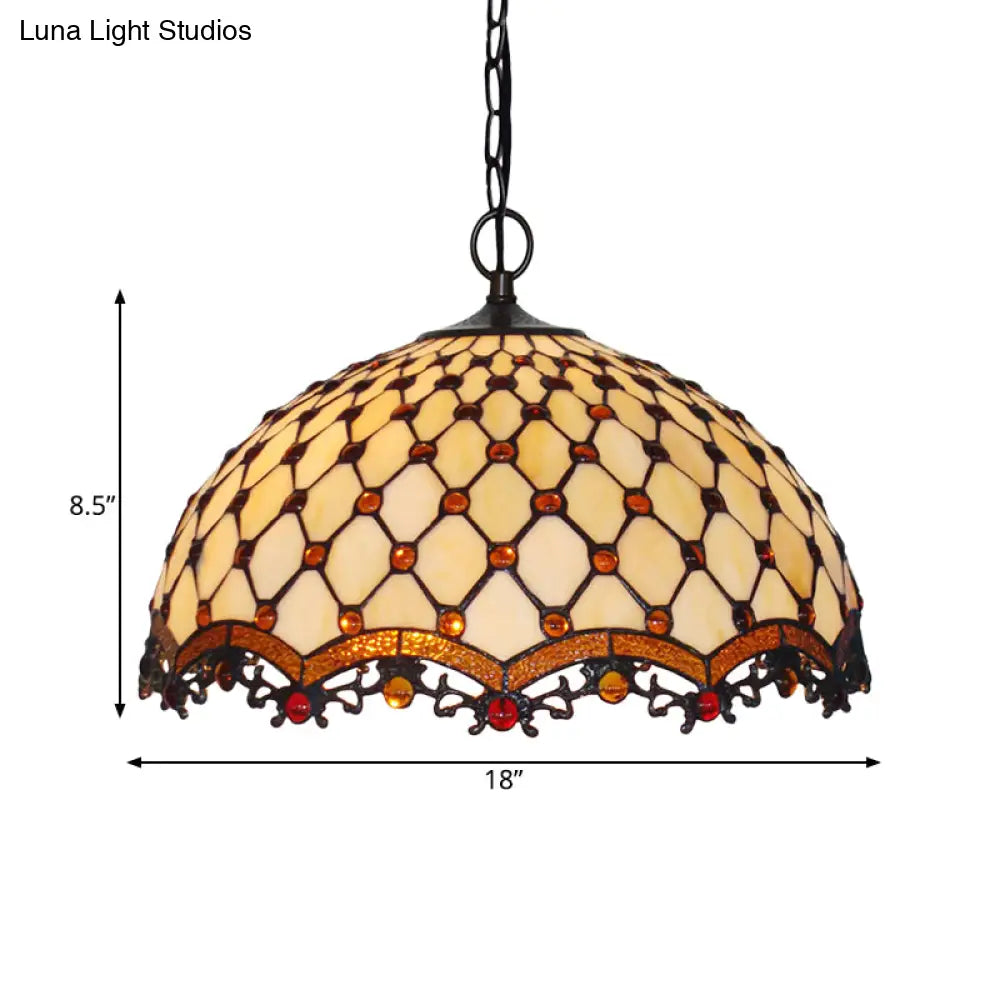 Beige Stained Glass Ceiling Lamp - Mediterranean Pendant Light For Kitchen