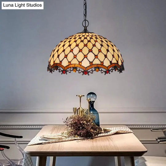 Beige Stained Glass Ceiling Lamp - Mediterranean Pendant Light For Kitchen