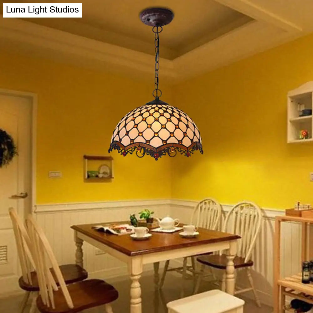 Mediterranean Beige Stained Glass Ceiling Lamp: Scalloped Design 1 Light Suspension Pendant For