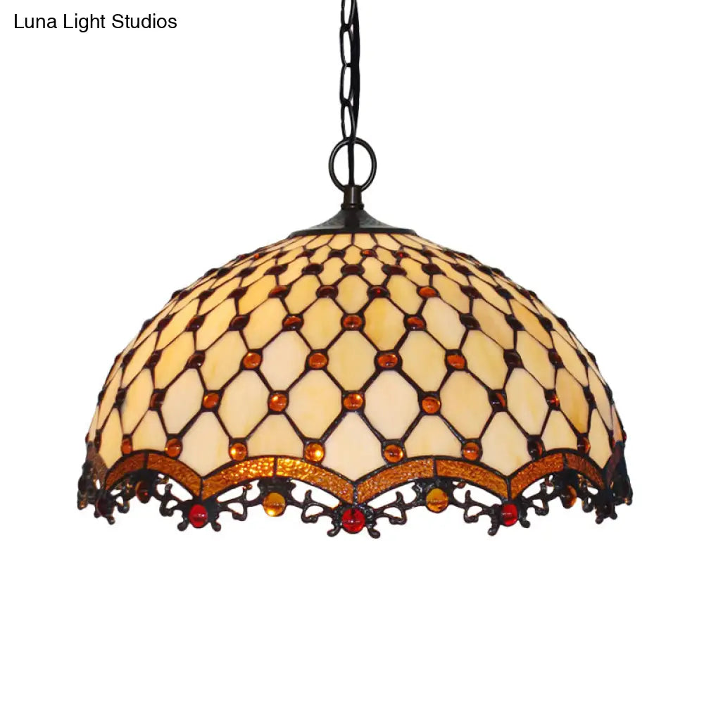 Beige Stained Glass Ceiling Lamp - Mediterranean Pendant Light For Kitchen