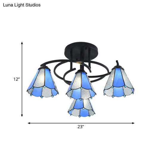 Mediterranean Black Bedroom Ceiling Lamp With Cone/Dome White/Beige/Blue Glass Shade - 4 Lights