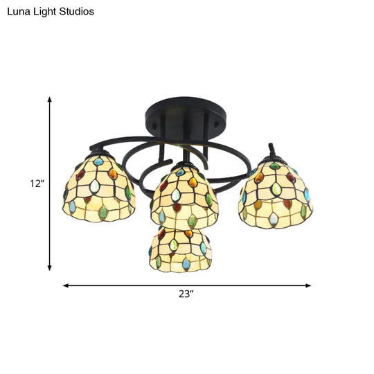 Mediterranean Black Bedroom Ceiling Lamp With Cone/Dome White/Beige/Blue Glass Shade - 4 Lights