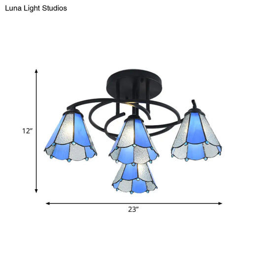 Mediterranean Black Bedroom Ceiling Lamp With Cone/Dome White/Beige/Blue Glass Shade - 4 Lights Semi